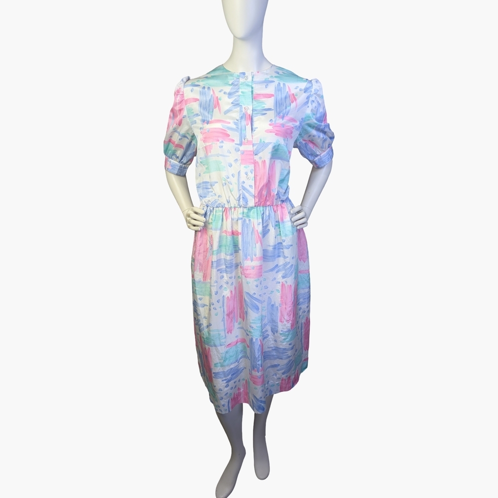 Handmade Pastel Abstract Puff Sleeve Midi Dress | Size Large